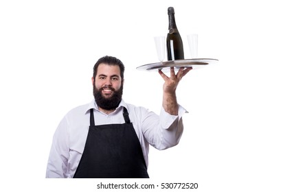 Fat Waiter Serving Champagne And Two Glasses Isolated On White Background