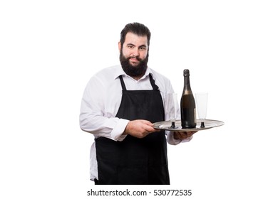 Fat Waiter Serving Champagne And Two Glasses Isolated On White Background