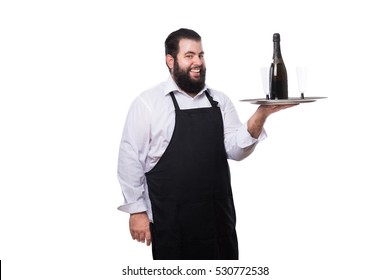 Fat Waiter Serving Champagne And Two Glasses Isolated On White Background