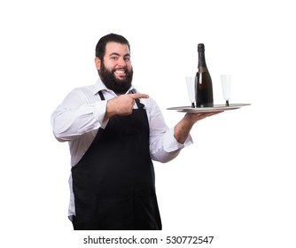 Fat Waiter Serving Champagne And Two Glasses Isolated On White Background