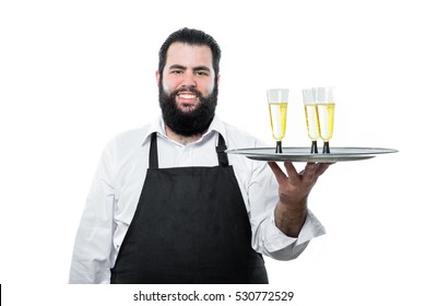 Fat Waiter Serving  Three Glasses Of Champagne  Isolated On White Background