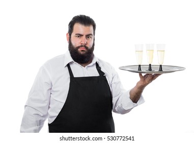 Fat Waiter Serving  Three Glasses Of Champagne  Isolated On White Background