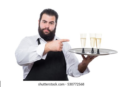 Fat Waiter Serving  Three Glasses Of Champagne  Isolated On White Background