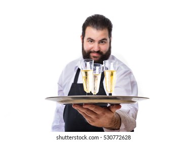 Fat Waiter Serving  Three Glasses Of Champagne  Isolated On White Background