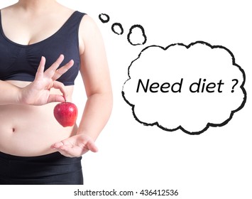 Fat Woman Asian Hold Apple Text Bubble Need Diet Healthy Concept Isolated On White