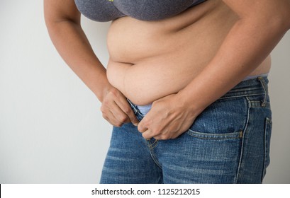 Fat Woman With Belly Fat Getting Dressed Wearing Jeans