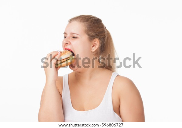 Fat Woman Eating Burger Unhealthy Food Eating Fat Woman Eating Big Burger Against Meat