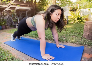 Fat Woman Plank Push Up Exercise Weight Loss At Park