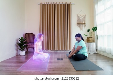 Fat Woman Sitting Communication With Yoga Coach In Virtual People In The Metaverse Platforms At Home. Technology Of Digital World In Parallel With The Physical One In The Future Concept.