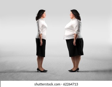 Fat woman standing in front of her thinner clone