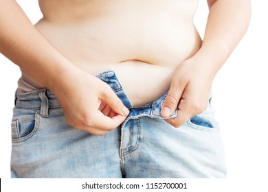 Fat Woman Trying To Wear Jeans. Excess Weight. Girl Can Not Zip Jeans. Isolated On White Background