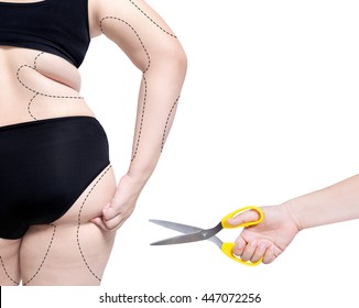 fat woman turn back show obesity body drawing mark cellulite plastic surgery liposuction concept isolated on white