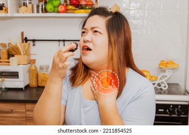 Fat woman voraciously eats chocolate sweets and has difficulty swallowing food stuck in her throat obstructed her suffocated speak without sound have cyanosis.