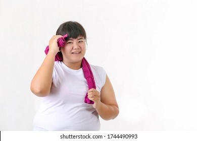 Fat Woman Wipe Sweat By  Red Face Towel After Workout Isolated Over White Background