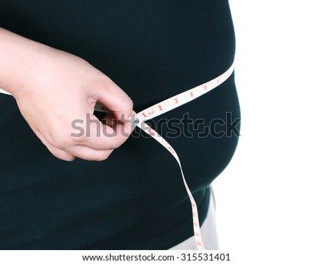 Fat Women measuring her belly with measurement tape, isolated on white background.