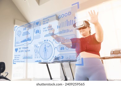 fat women using smart health information VR headset showing overlay body info data fitness statistic hologram technology device - Powered by Shutterstock