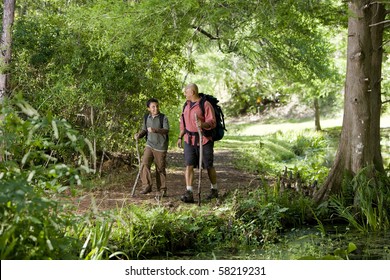 Father And 10 Year Old Son Hiking On Trail In Woods And Talking