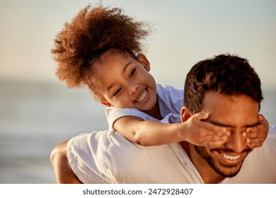 Father, child and hands on eyes for piggyback, bonding and care with parent and girl or playful in nature on holiday. Relax, happy and family vacation for ocean fun, smile and childhood and together - Powered by Shutterstock