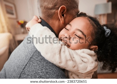 Father, child and hug in home living room for love, care and bonding together. Dad, girl and embrace in lounge for trust, support and quality family time to relax, smile and happy kid in house