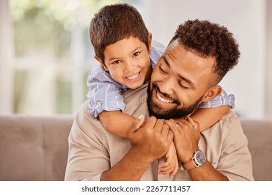 Father, child playing and family love hug of a parent and kid on a home living room couch. Dad and kid with a happy smile on a lounge sofa at a house in the morning with quality fun time together - Powered by Shutterstock