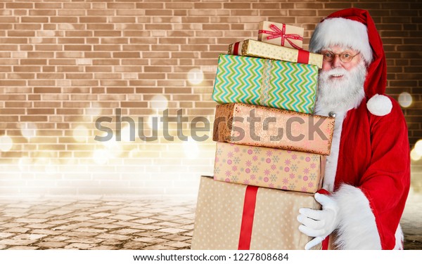 Father Christmas Holding Stack Xmas Gifts Stock Photo Edit Now 1227808684