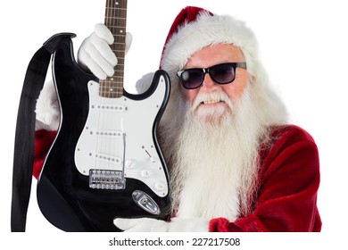 Father Christmas Shows A Guitar On White Background