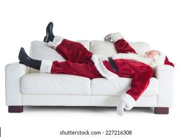 Father Christmas Sleeps On A Couch On White Background