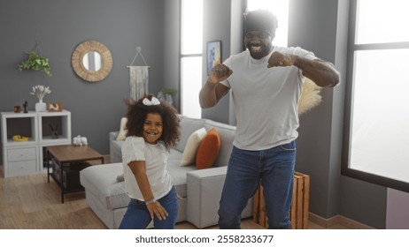 Father dancing with daughter in cozy living room showcasing family love and togetherness in a warm, modern apartment setting with bright natural light. - Powered by Shutterstock