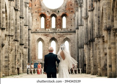 Father With Daughter Bride On The Wedding Ceremony, Italy