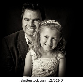 Father And Daughter Close Up In Black And White. Happy Smiling Faces. Proud Dad And His Girl. Holy Communion Dress In Ireland. Irish Family Portrait. Beautiful Family Happy Face.