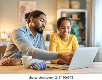 Father and daughter doing homework with laptop at home. Father and teenage girl happy using laptop. Teen girl and dad sitting at home working with notebook - Powered by Shutterstock