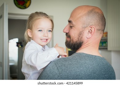 Father And Daughter In The Kitchen, Fathers Day Concept, Real Family. Gender Stereotyping, Gender Roles, Equality Issues Concept. Stay At Home Dad.