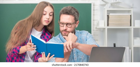 Father And Daughter At School, Teacher And Pupil Banner. Private Teacher And Child Hold Copybook. Family Help. Dad And Daughter Use Notebook.