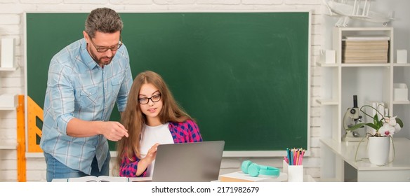 Father And Daughter At School, Teacher And Pupil Banner. Serious Teen Girl And Teacher Man In High School With Pc At Blackboard, Childhood