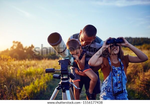 Father Daughter Son Observing Sky Telescope Stock Photo (Edit Now ...