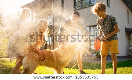 Father, Daughter, Son Play With Loyal Golden Retriever, Dog Tries to Catch Water from Garden Water Hose. Family Spending Fun Outdoors Time Together. Sunny Day Idyllic Suburban Home.