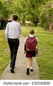 Father And Daughter Walking To School. Back To School Concept