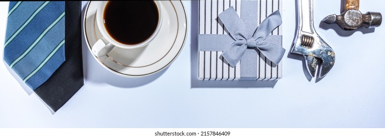 Father Day Greeting Card Background. Fathers Day Concept With Gift Box, Tools And Ties, Coffee Cup, Gift Tag  Love You Dad, On White Background Top View Copy Space