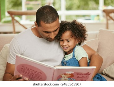 Father, girl child and reading book in home for family bonding, learning and development in lounge. Dad, kid and together on sofa for storytelling with fairytale, parent teaching for childhood growth - Powered by Shutterstock