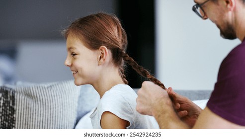 Father, girl and happy for hair care in home with grooming, braid hairstyle and bonding together. Single parent, kid and getting ready with morning routine, support and beauty for child development - Powered by Shutterstock