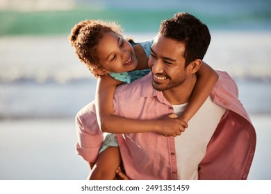 Father, girl and piggy back by beach or happiness for holiday, man with daughter in Mexico journey. Dad, female kid and ocean for vacation with sea adventure, freedom or outdoor with bonding - Powered by Shutterstock