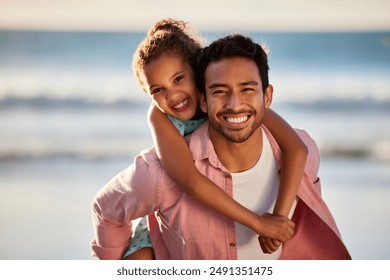 Father, girl and piggy back by beach or portrait with smile, man with daughter in Mexico holiday. Dad, female kid and ocean for vacation with adventure, freedom or outdoor happiness with bonding - Powered by Shutterstock