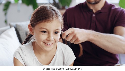 Father, girl and smile for hair care in home with grooming, braid hairstyle and bonding together. Single parent, kid and getting ready with morning routine, support and beauty for child development - Powered by Shutterstock