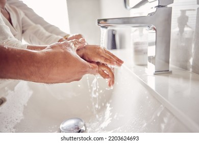 Father, Girl Or Washing Hands Help In Water For Covid Bacteria Cleaning Or Morning Hygiene Wellness. Zoom, Man Or Child In Home Or House Bathroom Sink In Safety Skincare For Healthcare Security Virus