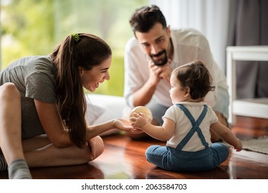 Father Help Children Baby To Walk, Childhood Family People With Little Cute Toddler Child Son, Happy Learning In First Step With Support Together From Father At Home