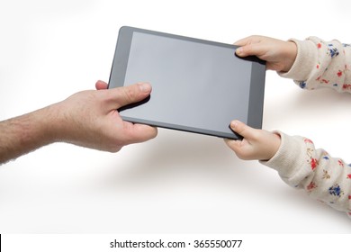 Father And His Child Can Not Share The Tablet. 