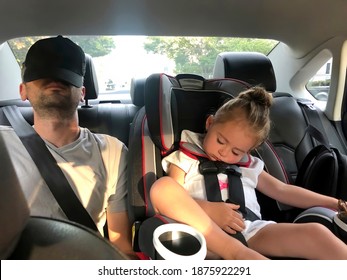 Father And His Daughter Sleeping In The Car On The Backseat. Funny Family Moments