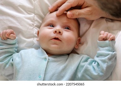 Father With His Daughter, Tiny Infant. Newborn Baby Smiling, Laughing And Looking Up At Daddy. Man Showing Affection To His Child. Candid Emotion Of Beard Dad And His Baby. Authentic Lifestyle Shot