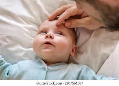 Father With His Daughter, Tiny Infant. Newborn Baby Smiling, Laughing And Looking Up At Daddy. Man Showing Affection To His Child. Candid Emotion Of Beard Dad And His Baby. Authentic Lifestyle Shot