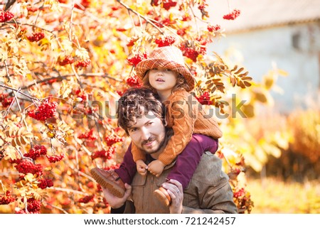 Father and his little daughter walking together at the park or forest, fall day. single parent.  rowan at the background